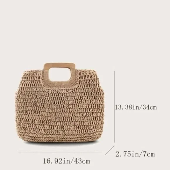 Vacation Vibes khaki straw bag wood handle tote Boho beach - Picture 7 of 8